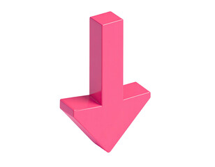 A glossy, pink, 3D rendered arrow points downwards against a black background
