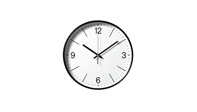 Simple white clock with black rim and hands against a black background