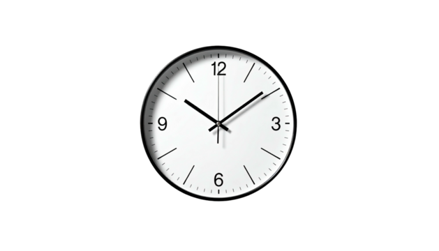 Simple white clock with black rim and hands against a black background