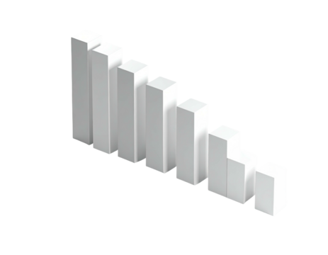 White 3D bar graph decreasing in height, on a black background, angled