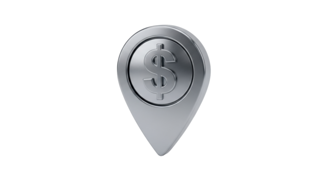Isolated Dollar sign location marker, metal-finished geolocation pin for online maps and apps.