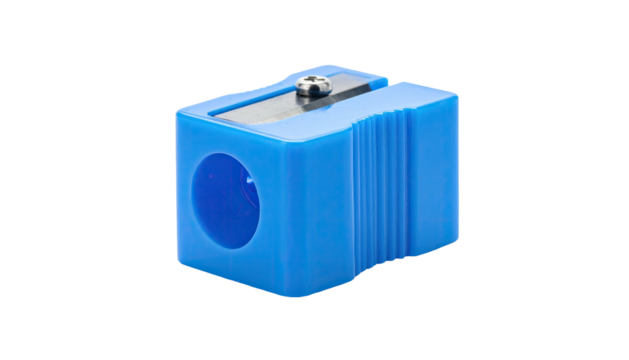 Isolated close-up of a vibrant blue rectangular pencil sharpener, side profile - Powered by Adobe
