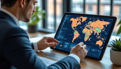 A man is sitting at a desk with a computer monitor displaying a map of the world