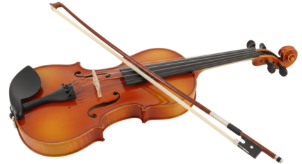 Isolated violin with bow resting across it shown at an angle in a studio setting