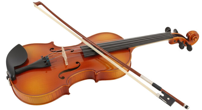 Isolated violin with bow resting across it shown at an angle in a studio setting