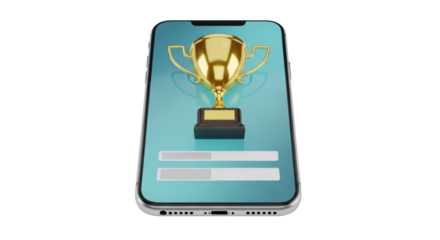 Isolated smartphone with a golden trophy on the screen indicating winning or progress updates