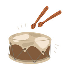 The drum, a flat Native American musical instrument in a colored flat style. Wooden case with stretched animal skin, sticks. Dancing, ritual. An isolated object. Nomadic lifestyle. American Indians