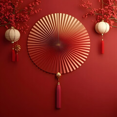 Traditional chinese new year decorations with red fan and lanterns