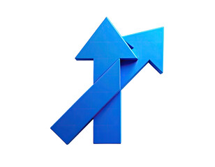 Two overlapping, stylized blue arrows pointing upward, a 3D rendering against a black background