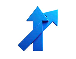 Two overlapping, stylized blue arrows pointing upward, a 3D rendering against a black background