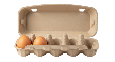 Isolated open cardboard egg carton shows two fresh brown eggs, showing sustainability in food