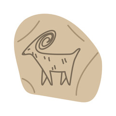stone with an animal painted by Native Americans in a colored flat style. fragment of stone with primitive goat pattern. Hunting, animal husbandry. isolated object. Nomadic lifestyle. American Indians