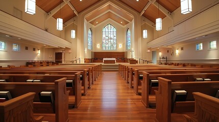 Interior of a Church Sanctuary. It shows a church’s interior with pews and a lit altar. Suitable for religious events, wedding planning, or spiritual - themed projects.