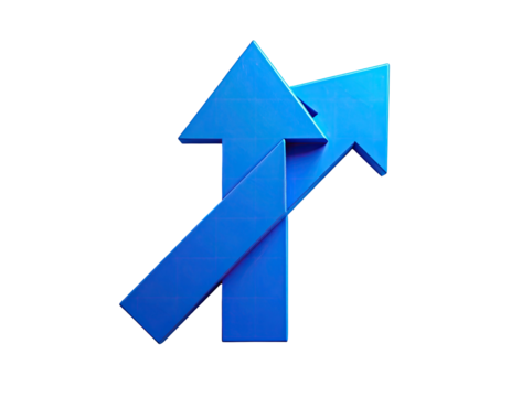 Two overlapping, stylized blue arrows pointing upward, a 3D rendering against a black background