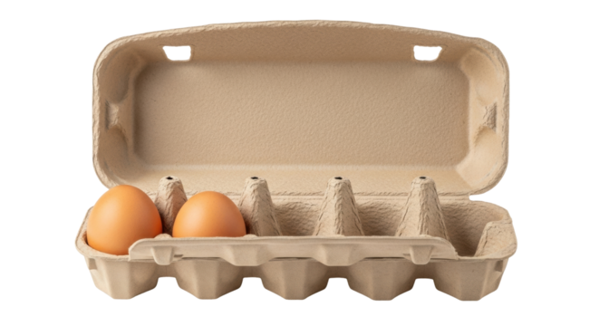 Isolated open cardboard egg carton shows two fresh brown eggs, showing sustainability in food