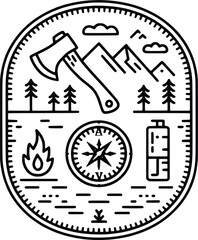 Outdoor adventure emblem featuring axe mountains compass fire and tent for camping and hiking