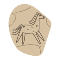 stone with an animal painted by Native Americans in a colored flat style. fragment of stone with a primitive horse. Hunting, animal husbandry. An isolated object. Nomadic lifestyle. American Indians