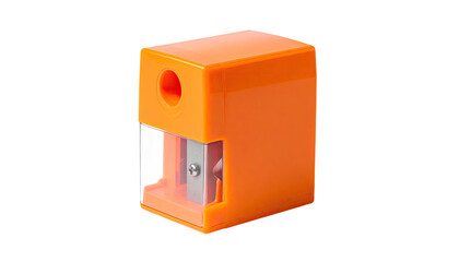 A bright orange, rectangular pencil sharpener with a clear shavings container