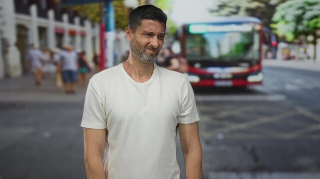 Man grimacing at oncoming traffic on a busy city street with a red bus standing behind him; urban annoyance.