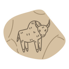 stone with animal painted by Native Americans in colored flat style. fragment of stone with primitive buffalo pattern. Hunting, animal husbandry. isolated object. Nomadic lifestyle. American Indians