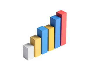 3D rendering of a bar graph with multicolored ascending columns