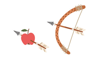 Arrow, bow, red apple in a colorful flat style, Indian history. Hunting weapon, shooting at an apple. Wooden arrows with sharp tip in an apple. An isolated object. nomadic lifestyle. American Indians