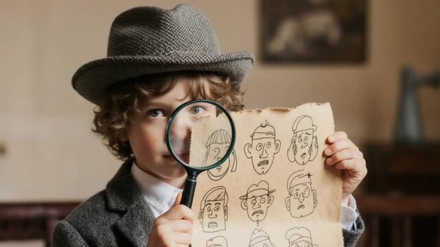 Young Detective with Sketches Symbolizing Imagination and Problem Solving