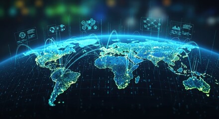 Global connectivity and data visualization across digital world map