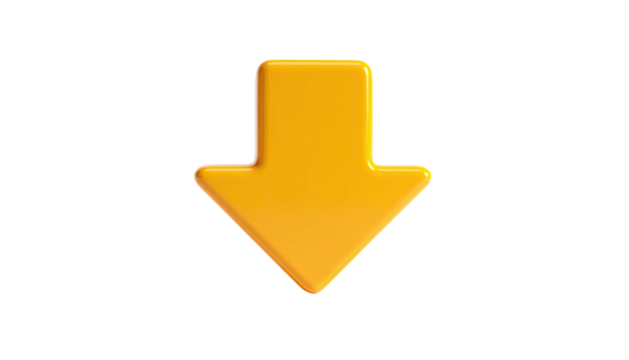 A glossy, downward-pointing yellow arrow, rendered against a black backdrop