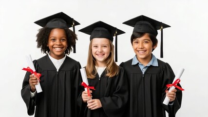 Three diverse smiling children in black graduation gowns and caps, holding diplomas with red ribbons, standing together against white background, celebrating academic achievement - Powered by Adobe