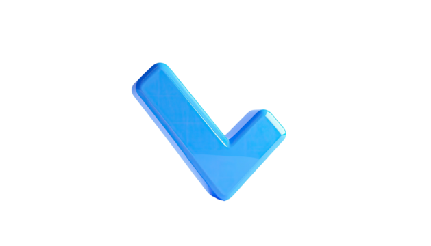 A glossy, blue checkmark floats against a stark, black background