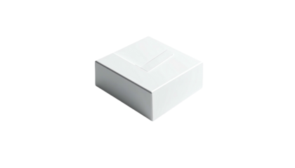 A white, geometric, square box with a recessed center element against black