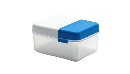 A small transparent storage box, with a two-toned lid and latch, isolated on black