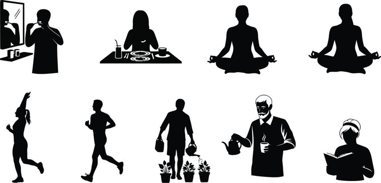 Silhouette of people doing daily activities, a collection of people in various poses and expressions throughout the day