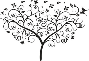 Vector illustration of a black silhouette tree with hearts and floral swirl design on its branches for spring or summer decoration