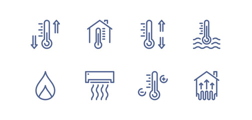 Heating and cooling icon set, temperature control, thermostat, air ventilation, radiator, sun heat, cold snowflake, house climate system, water drop humidity, airflow regulation linear vector.