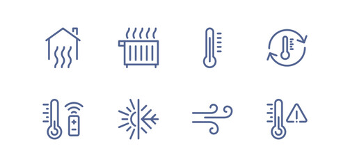 Heating and cooling icon set, temperature control, thermostat, air ventilation, radiator, sun heat, cold snowflake, house climate system, water drop humidity, airflow regulation linear vector.