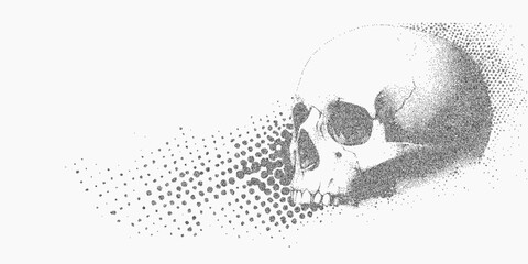 Grunge skull pattern. Faded brushstroke with light speckle, ink grain and soft paper grit. Subtle noise and threshold make the surface look aged.