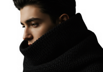 Handsome man in black turtleneck isolated on transparent background, looking away