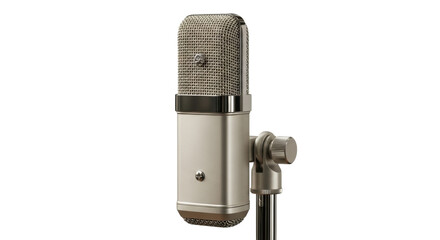 Isolated retro microphone with fine mesh grill on a metal stand for broadcast recording