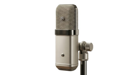 Isolated retro microphone with fine mesh grill on a metal stand for broadcast recording