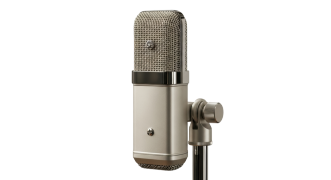 Isolated retro microphone with fine mesh grill on a metal stand for broadcast recording