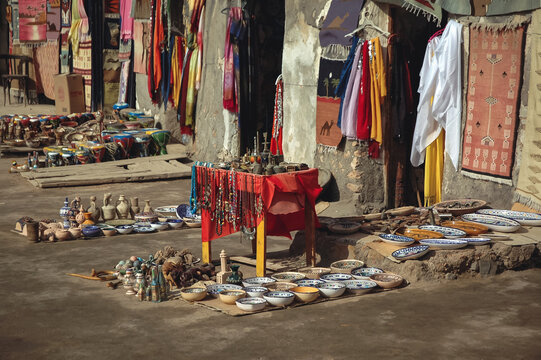 Souvenir stands in Ghorfas of Medenine. old granaries in historic fortified village called Ksar, Medenine city, Tunisia