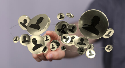 A hand is holding a graphic showing a networking of profile icons representing digital communication and social connection concept.
