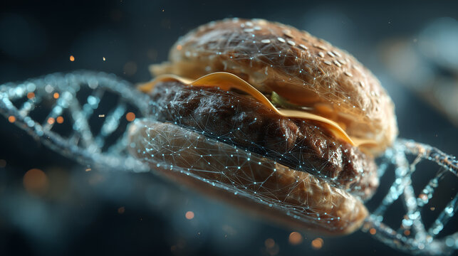 A cheeseburger is positioned over a glowing, stylized DNA strand. The burger and the strand have a connected, web-like pattern. This visualizes a link between food and genetic technology.