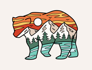 Bear silhouette filled with a detailed mountain landscape, trees, and a sun. Perfect for nature, wildlife, or hiking-themed t-shirt designs, stickers, and other uses.	