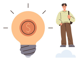 Glowing lightbulb with dollar sign beside confident young man standing on the cloud. Ideal for innovation, success, entrepreneurship, career planning, strategy, finance ideas, goal-setting. Simple