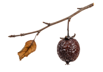 Single withered fruit hanging from a bare branch with a solitary dry leaf, symbolizing decay, autumn, and the end of a season.