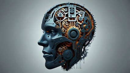 Futuristic Human Head with Mechanical Gears