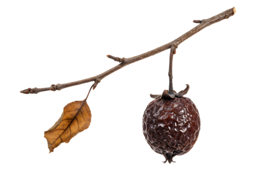 Single withered fruit hanging from a bare branch with a solitary dry leaf, symbolizing decay, autumn, and the end of a season.